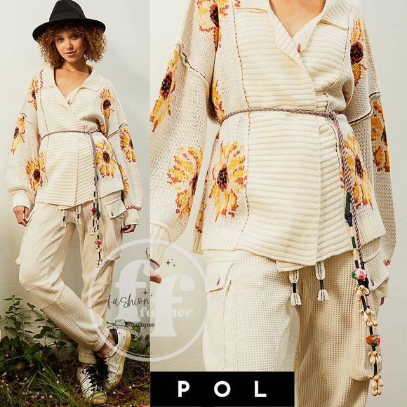 POL Golden Sunflower Floral Belted Cardi Coat Tie Cardigan Sweater Jacket Belt - Picture 6 of 7